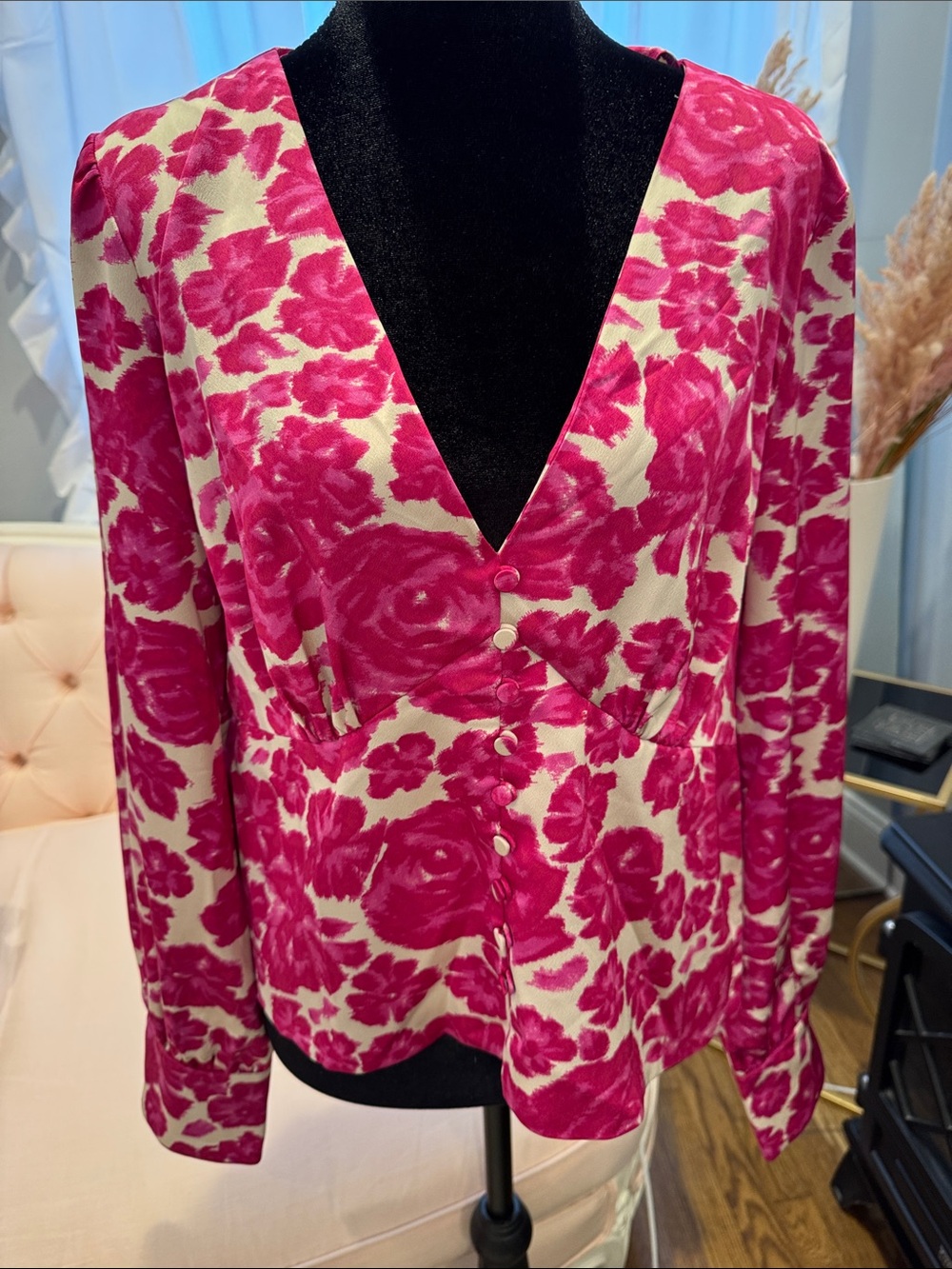 Floral Pink V-Neck Button Front Blouse